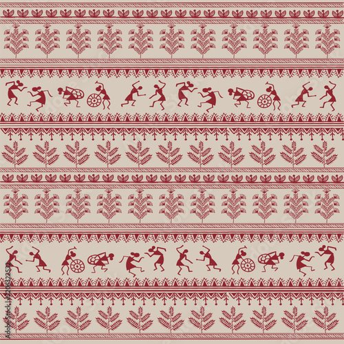 Hand drawn Warli seamless vector pattern featuring dancing figures, traditional trees, plants and layered decorative borders in terracotta red on a warm beige background