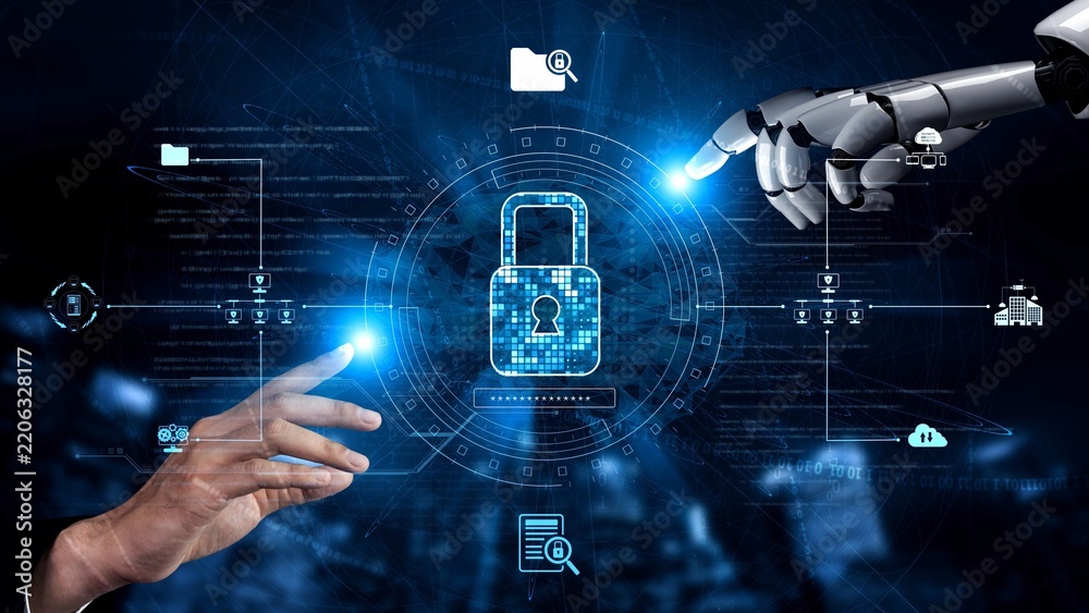 Obraz premium Cyber security protection and cyber security strategies against cyber threats, system hacks, digital breaches, network attacks, and safeguarding data with strong cyber security infrastructure. Muxer
