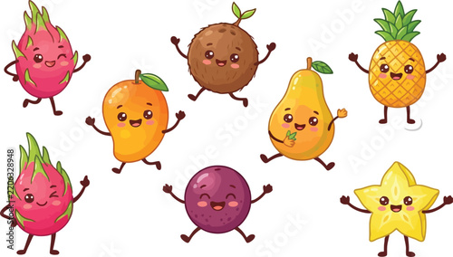 Collection of exotic tropical fruit characters with cute faces and friendly expressions.