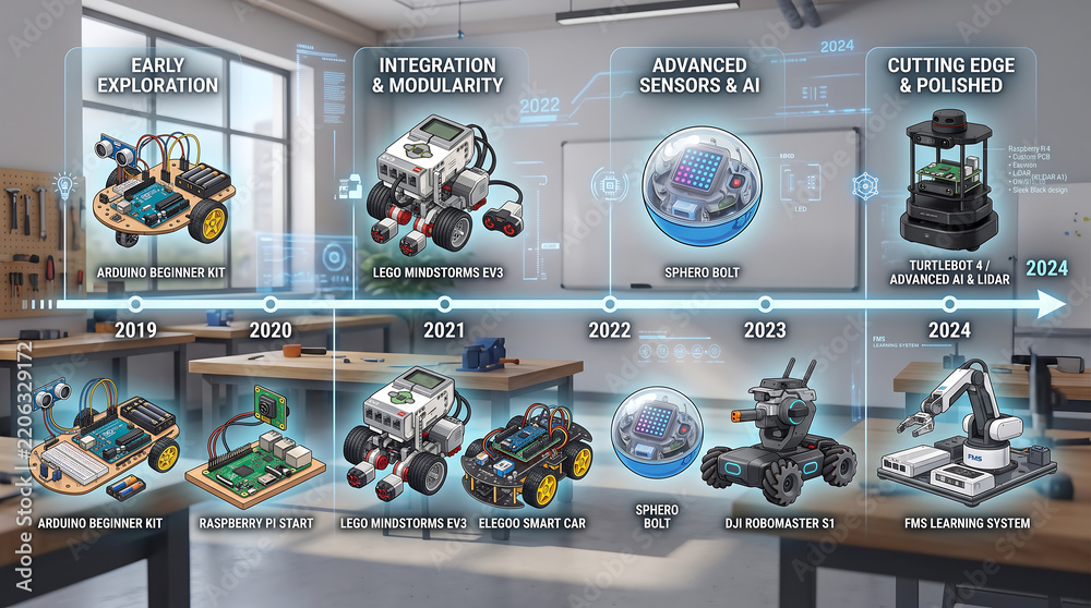 Obraz premium Robotics evolution timeline infographic showing educational kits, arduino, lego mindstorms, sphero bolt, dji robomaster, and turtlebot 4 in a workshop setting