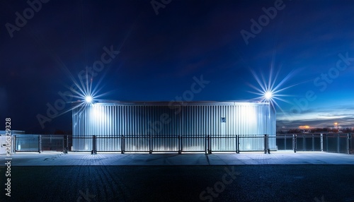 modern industrial data center at night with bright exterior lighting and secure perimeter fence