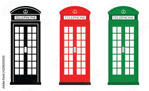 British Telephone Booth Vector Icons Set with Classic London Phone Box Designs, Traditional Public Telephone Cabins for Communication, Travel, Tourism and UK Culture Illustration.