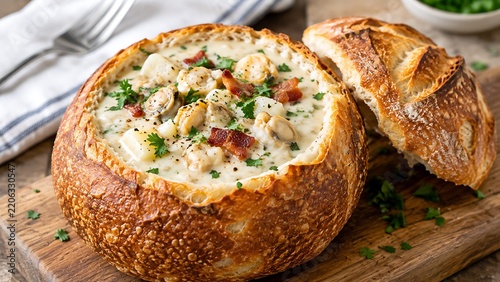Stuffed bread bowl filled with creamy mushroom and bacon dip on wooden cutting board
