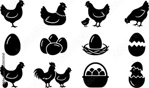 Hen & Chicken Egg Silhouette Icon Set. Collection of nature & wildlife silhouettes, including hen & chicken egg, detailed bird shapes, and more.