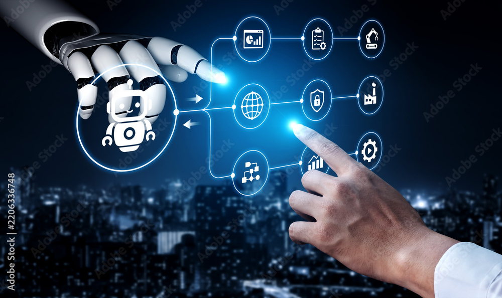 Obraz premium A robotic hand reaches out to interact with digital icons, representing advancements in technology and communication within a modern urban landscape, showcasing innovation and connectivity. Nascent