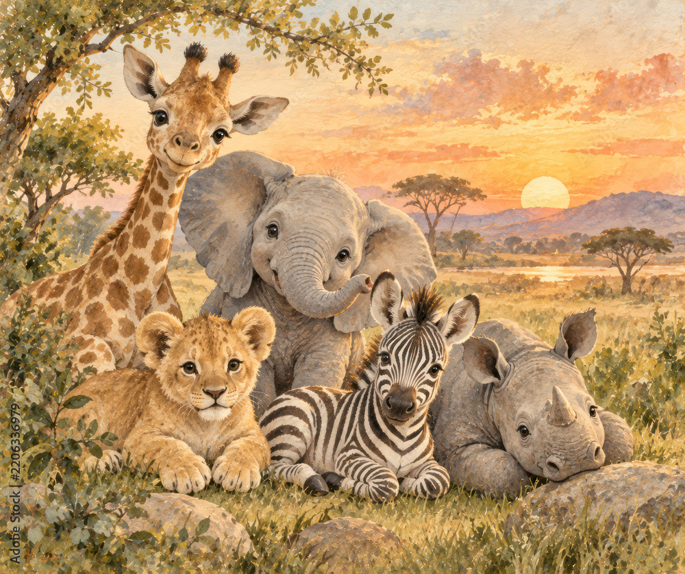 Obraz premium Baby African Safari Animals at Sunset Watercolor Nursery Illustration