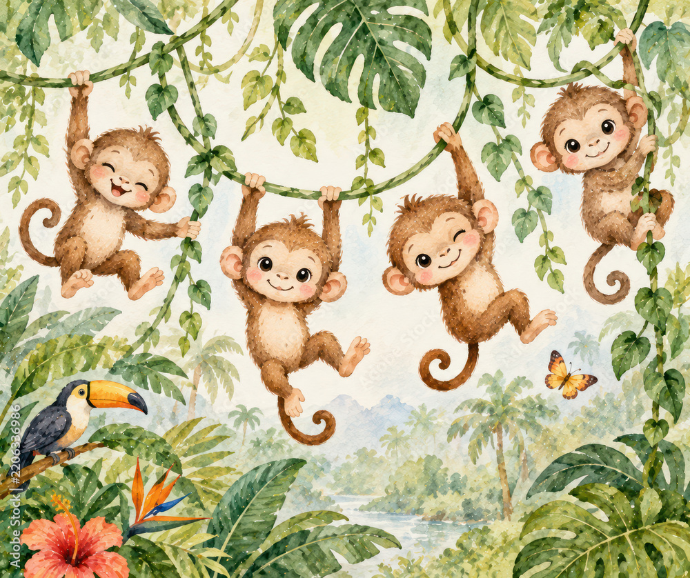Obraz premium Cute Monkeys Playing on Jungle Vines Watercolor Nursery Illustration