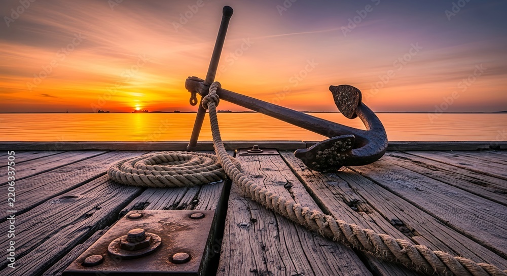 Obraz premium Metal anchor with coiled rope sitting on a wooden pier during a vibrant sunset