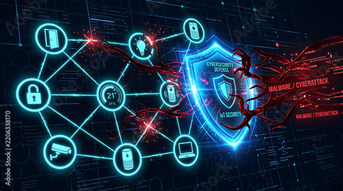 Cybersecurity shield protecting an io t network of connected devices from red, tentacle-like malware and cyberattack threats on a dark digital background