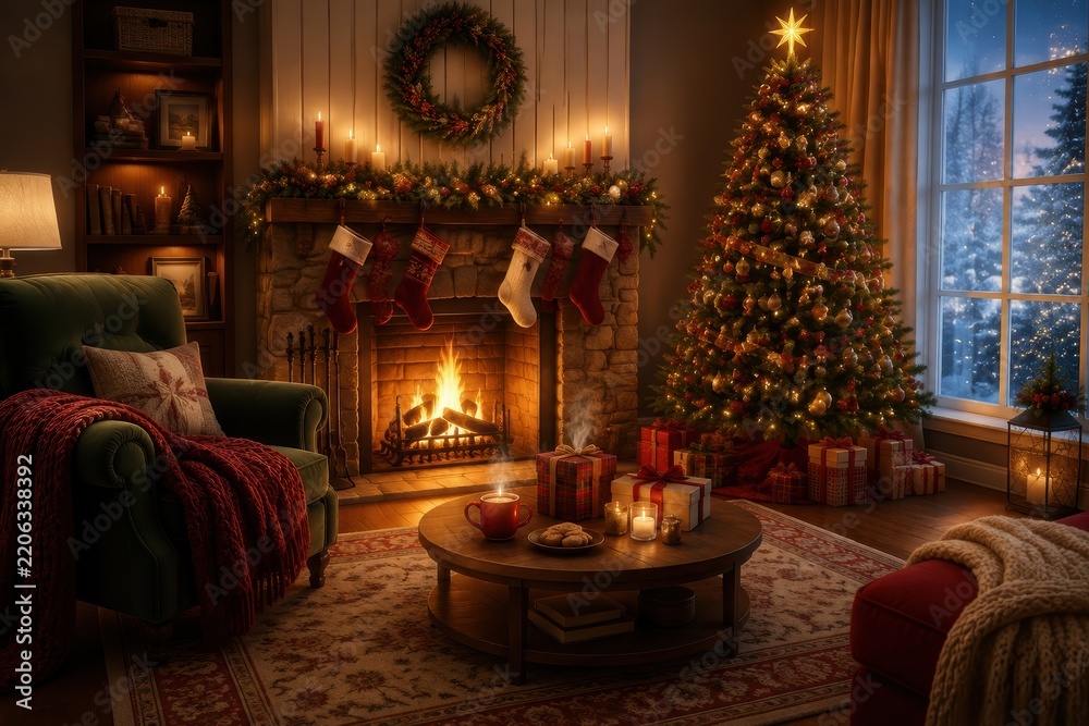 Obraz premium Cozy Christmas living room with tree, fireplace, stockings
