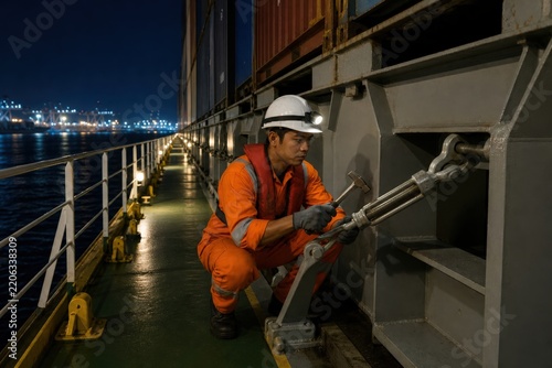Cargo container lashing inspection - a night rigger checking a lower deck turnbuckle