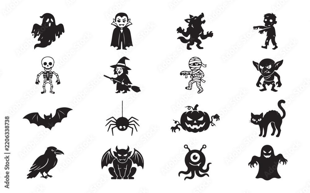 Obraz premium Halloween monster and spooky character silhouettes including witches ghosts zombies and skeletal figures.