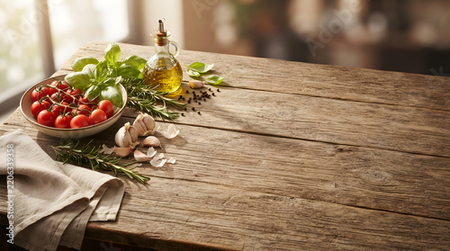 Fresh cherry tomatoes and herbs on a rustic wooden table with copy space