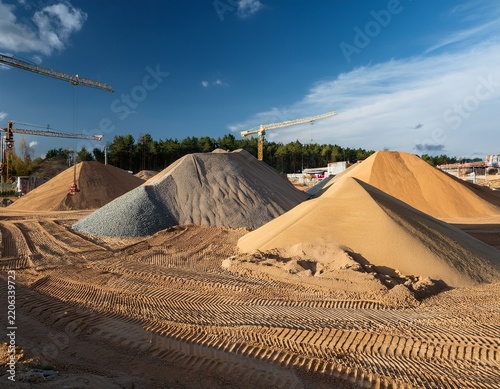 construction site with piles of gravel and sand for building