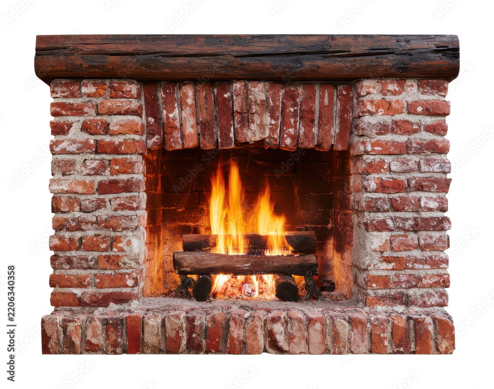 Obraz premium PNG Rustic brick fireplace with glowing flames and wooden mantel