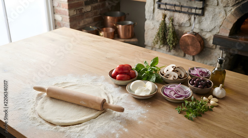 Fresh pizza dough with rolling pin and raw ingredients on a rustic wooden table