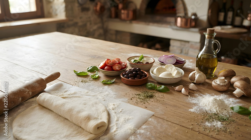 Fresh pizza ingredients and dough prepared on a rustic wooden kitchen table