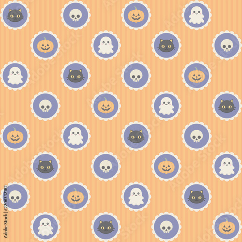 Halloween Icons Seamless Pattern on Orange Striped Background