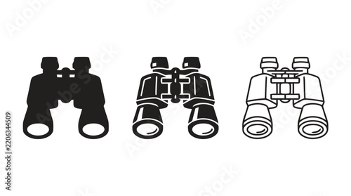 Vector illustration of binoculars icon set, solid and outline style on a transparent background