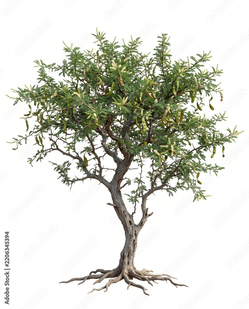 Obraz premium Ultra-realistic mature Kumhat or Kumat (Senegalia senegal), dryland acacia with gray-brown trunk, thorny spreading branches, fine bipinnate green foliage, small creamy flower spikes, curled seed pods 