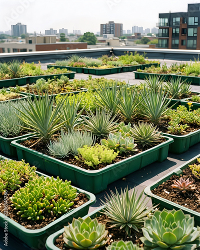 Wider real-world system centered on modular green-roof trays with varied drought-tolerant plants, reduced to an adaptable high-clarity campaign composition for urban cooling and green infrastructure