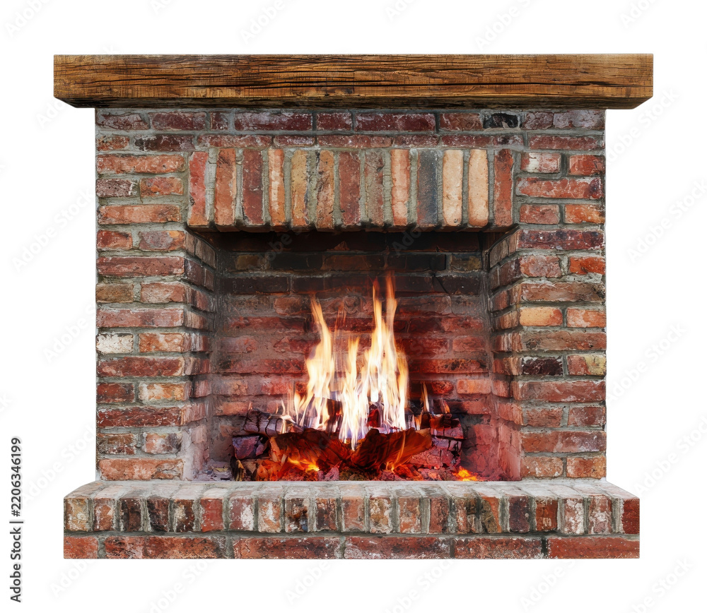 Obraz premium PNG Rustic brick fireplace with glowing flames and wooden mantel