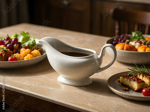 Plain glazed ceramic gravy boat with one clean handle and stable foot for Thanksgiving hospitality, grocery and family-table campaign