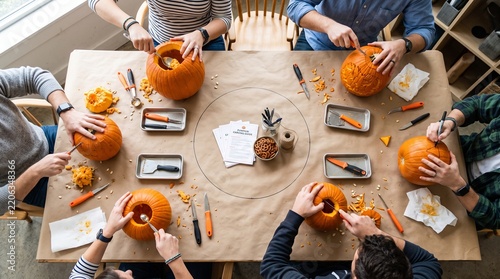Group of people enjoying a joyful pumpkin carving activity at a table