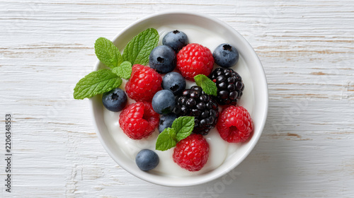 Bowl of mixed berries with raspberries blueberries blackberries and mint leaves on white yogurt over a rustic wooden table viewed from above in a fresh food still life
