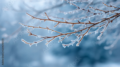 Frost covered bare tree branches with delicate icicles against a soft blue winter background, showing intricate frozen textures in a close up nature scene
