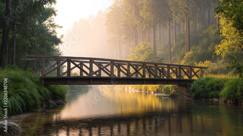 Wooden footbridge crossing a calm forest stream with reflective water, tall trees, soft morning sunlight, and lush riverside vegetation in a woodland landscape