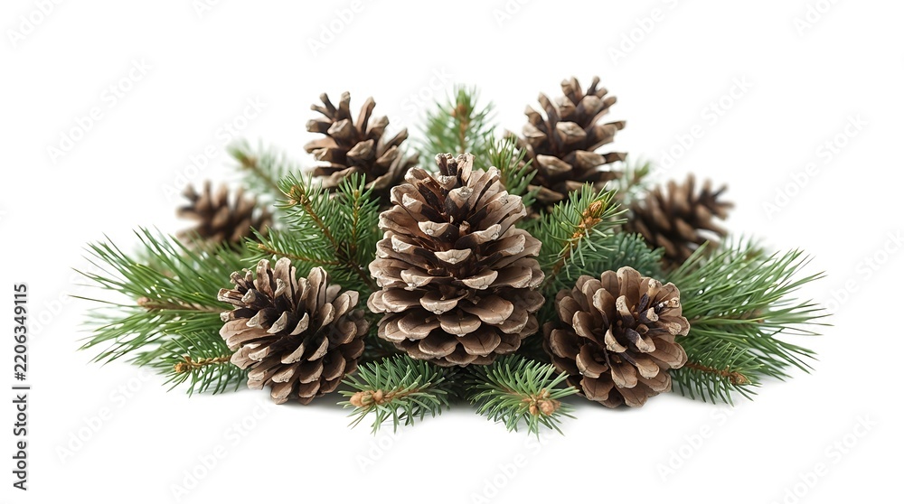 Fototapeta premium Natural pine cones with green fir needles arranged in a festive winter holiday cluster for seasonal decoration and crafts