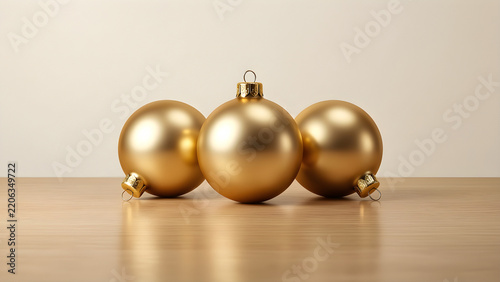 Three separate plain gold ornament spheres with natural satin reflectance for New Year 2027 celebration, hospitality and annual-planning campaign