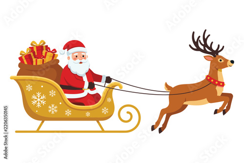Santa claus riding a golden sleigh pulled by a reindeer with a sack of christmas gifts holiday season vector graphic cartoon character gift sack
