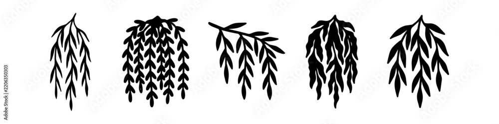 Obraz premium Set of weeping willow branch silhouettes isolated on white background. Botanical hanging leaves, vines, and plant twig silhouettes vector illustration.