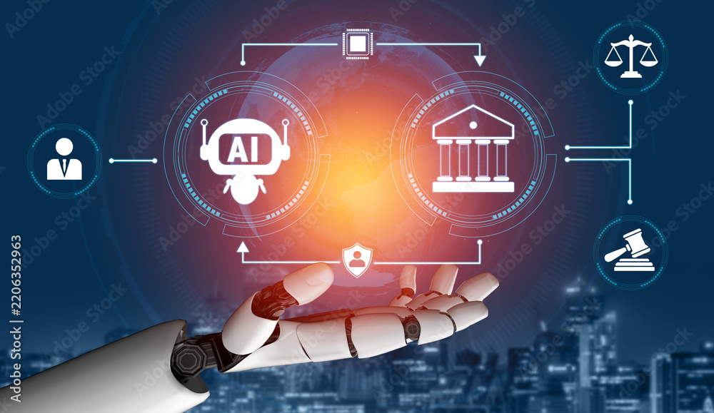 Obraz premium Hand of a Robot Offering Digital Interface with Icons of AI, Law, Justice, and Governance in a Futuristic Cityscape Background Quark.
