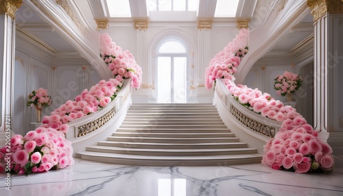 wide marble staircase decorated with pink rose flowers in a white luxurious palace interior wedding interior