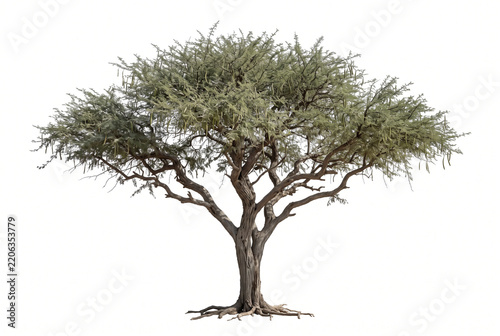 Ultra-realistic mature Ghaf Tree (Prosopis cineraria), iconic Arabian desert tree with deeply textured gray-brown trunk, spreading twisted branches, fine feathery gray-green foliage,
