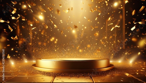 a celebratory scene featuring a round gold colored podium surrounded by a shower of golden confetti