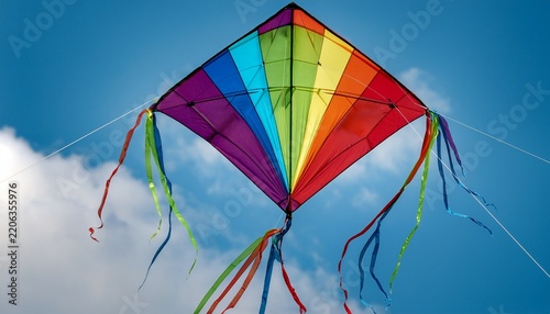 colorful diamond shaped kite flying with a string attached vibrant rainbow hues create an eye catching outdoor activity scene isolated
