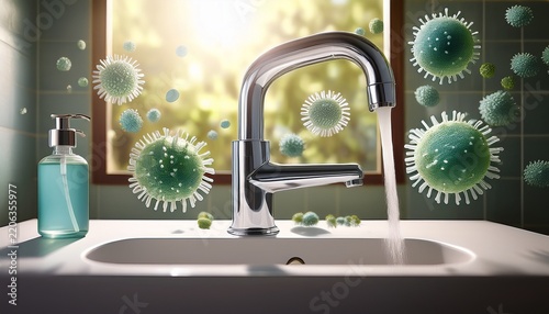 stylized floating bacteria around a running faucet in a bathroom sink with natural light and a matte bottle on the counter