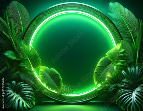 green circular neon light with tropical leaves
