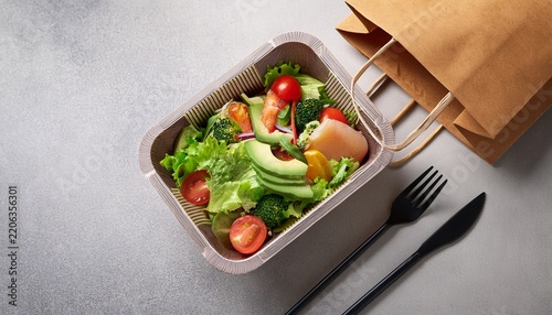 healthy takeaway meal with salad in paper bowl on concrete surface with utensils and bag
