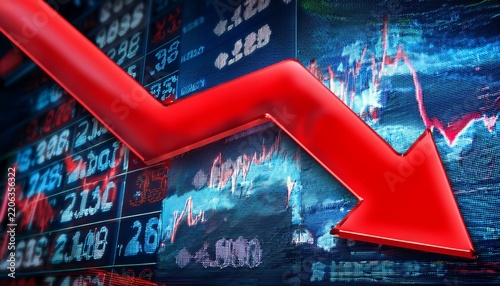 red down arrow over a stock board with falling prices and market quotes illustrating stock market crash and panic