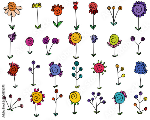 Set of colorful hand drawn flowers and floral stems with spiral centers isolated, charming botanical doodle collection vector illustration