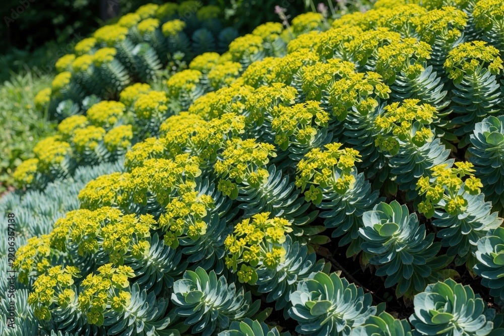 Obraz premium Green succulent plants with bright yellow flowers grow in Toronto garden. Close up view of euphorbia microphylla leaves, blooming bracts. Summer green plants creates natural pattern in outdoor