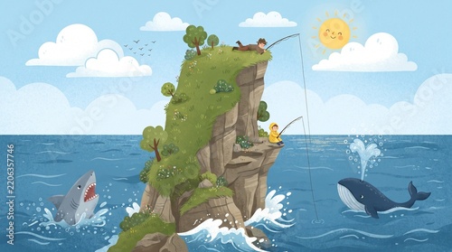 Island Fishing with Shark and Whale Cartoon