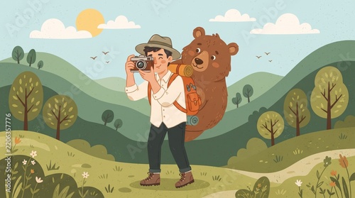  Cartoon Hiker Photographing Landscape with Bear on Backpack – Funny Adventure Illustration