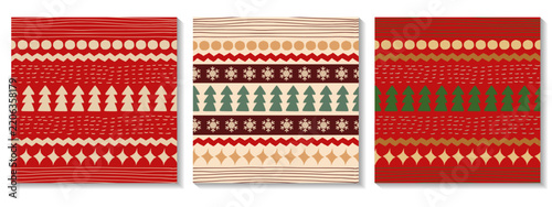 Set vector geometric seamless pattern with Christmas trees and snowflakes.