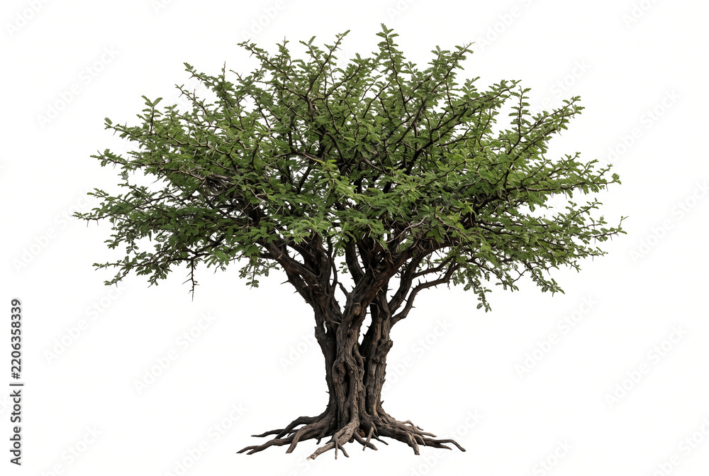 Fototapeta premium Mature Logwood tree, dense thorny branching crown, small compound leaves, dark rugged trunk and visible exposed roots, ultra-realistic 8K, razor-sharp, isolated white background,